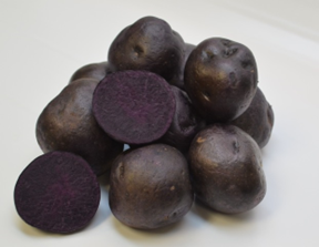 A picture containing the purple fleshed potato variety Blackberry.
